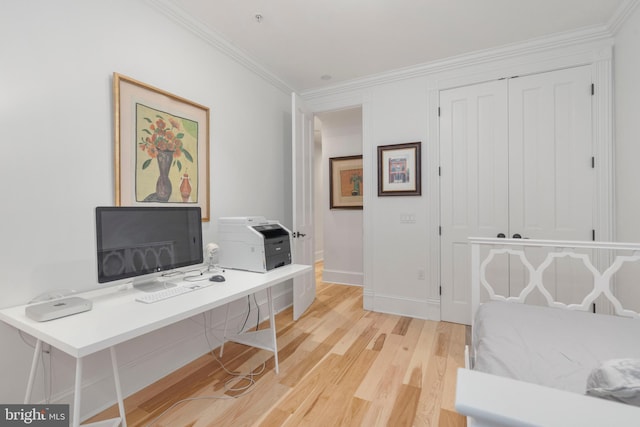 office area with crown molding and light hardwood / wood-style floors