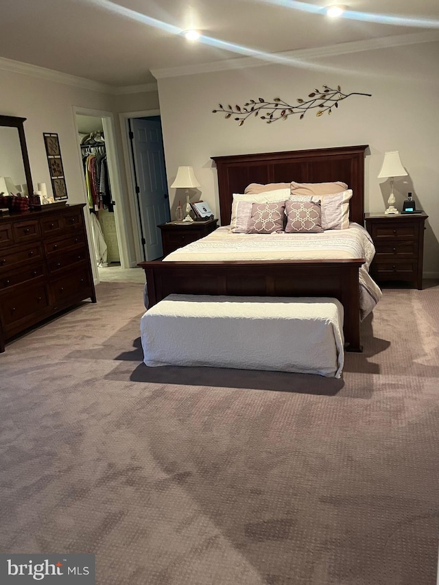 bedroom featuring ornamental molding, a spacious closet, and light carpet