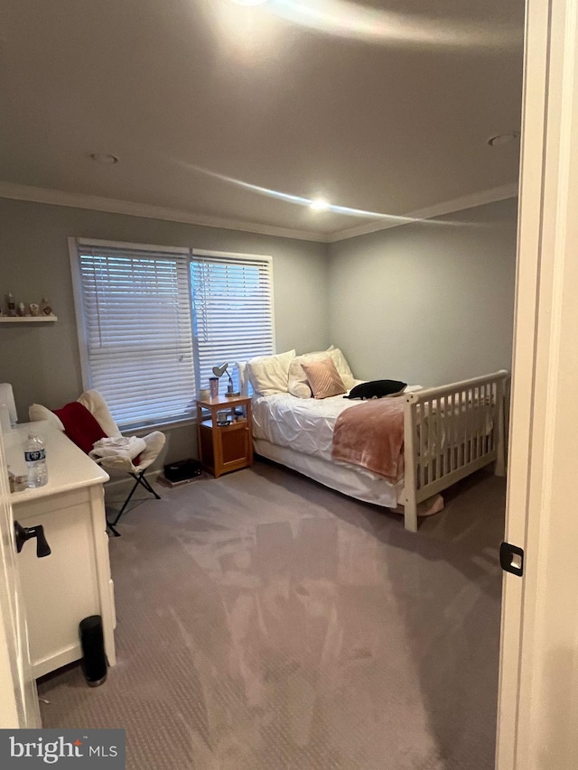 bedroom with crown molding and carpet flooring