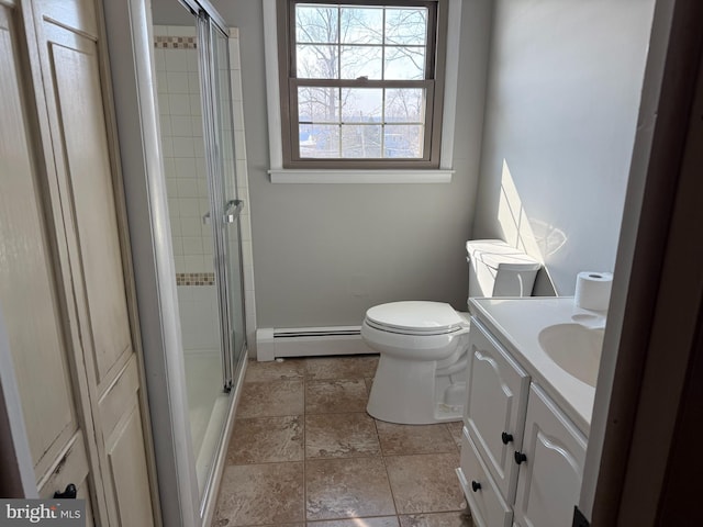 bathroom featuring vanity, a baseboard heating unit, walk in shower, and toilet