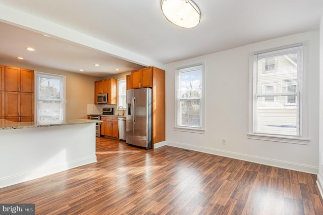 kitchen with appliances with stainless steel finishes, dark hardwood / wood-style floors, light stone countertops, and sink