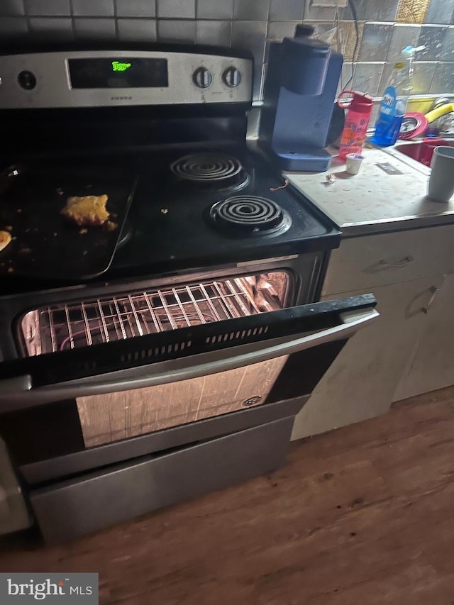 interior details with stainless steel electric stove, sink, and hardwood / wood-style floors