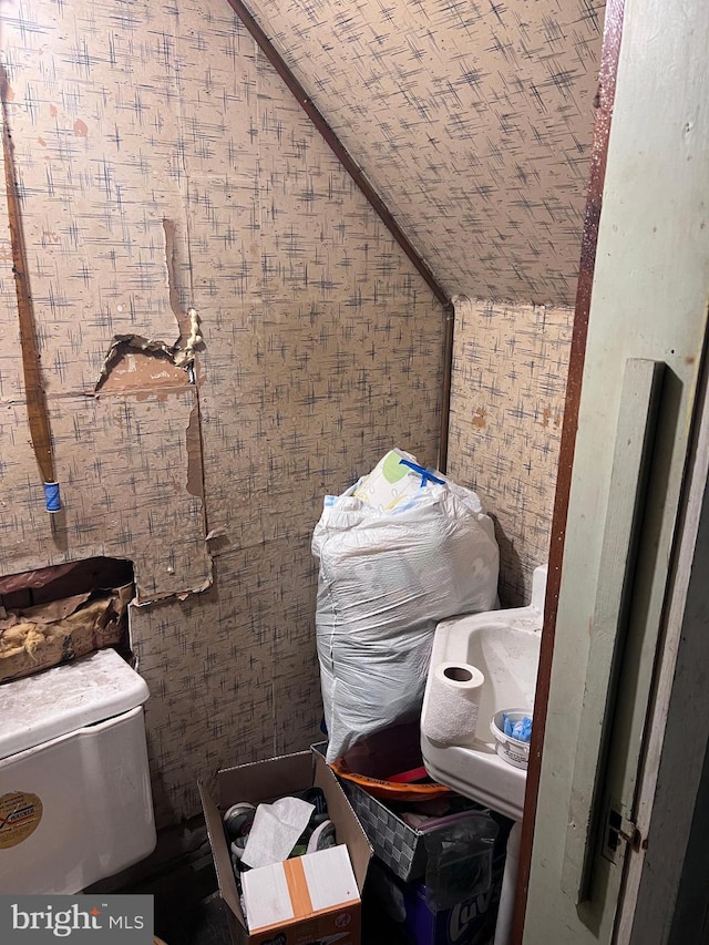 bathroom featuring lofted ceiling