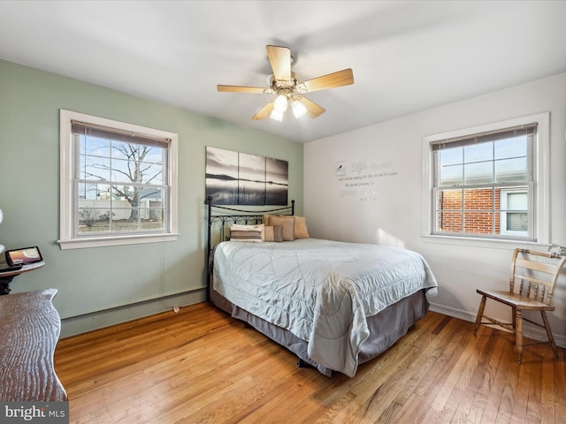 bedroom with ceiling fan and light hardwood / wood-style flooring