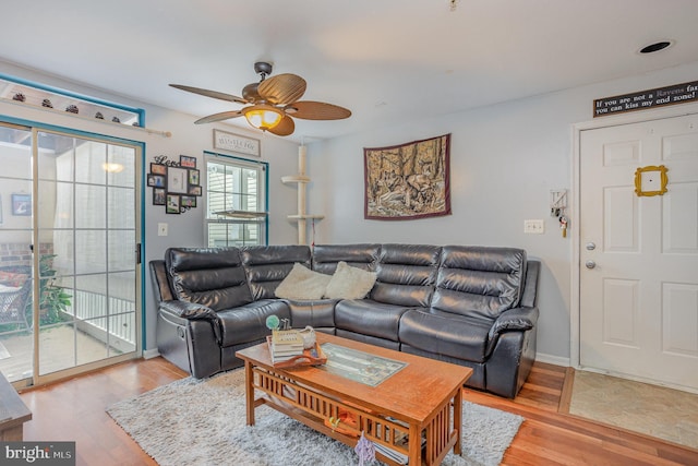 living room featuring wood-type flooring and ceiling fan