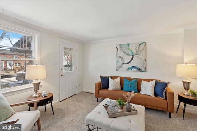 carpeted living room with crown molding