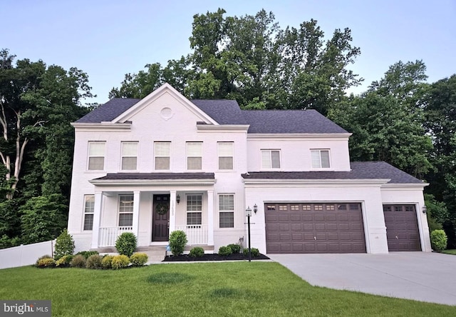 view of front of house with covered porch, a front yard, and a garage