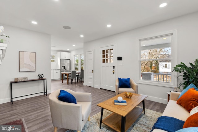 living room with dark hardwood / wood-style flooring