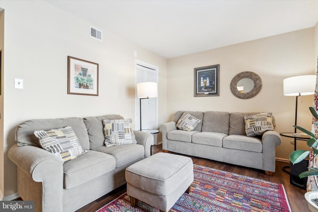 living room featuring dark wood-type flooring