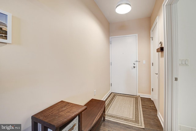 entryway featuring baseboards and dark wood-type flooring