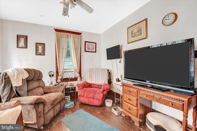 living room with dark wood-type flooring, ceiling fan, and cooling unit