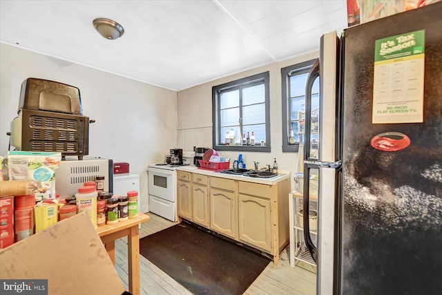 kitchen featuring white electric stove, fridge, sink, and light wood-type flooring