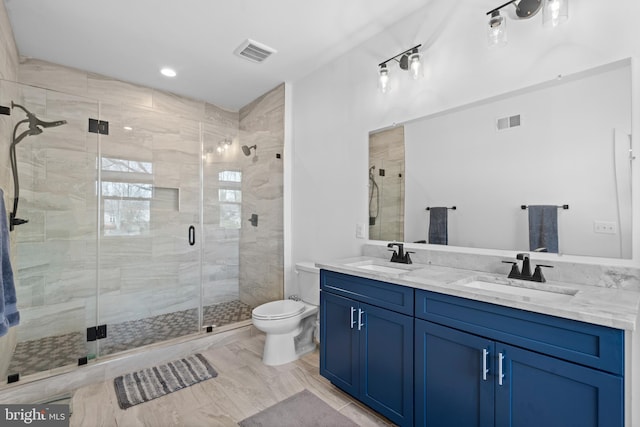 bathroom with vanity, a shower with shower door, and toilet