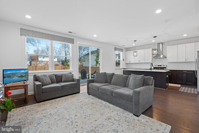 living room with dark hardwood / wood-style flooring