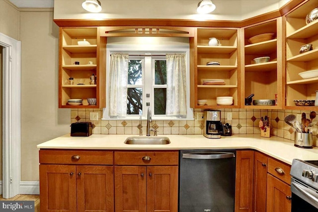 kitchen with appliances with stainless steel finishes, sink, and backsplash