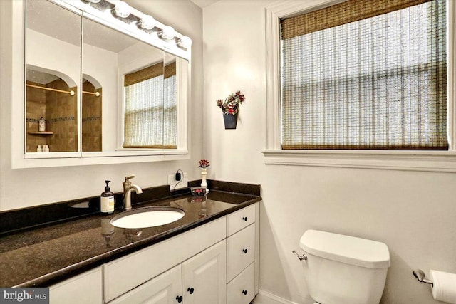 bathroom with vanity, toilet, and walk in shower