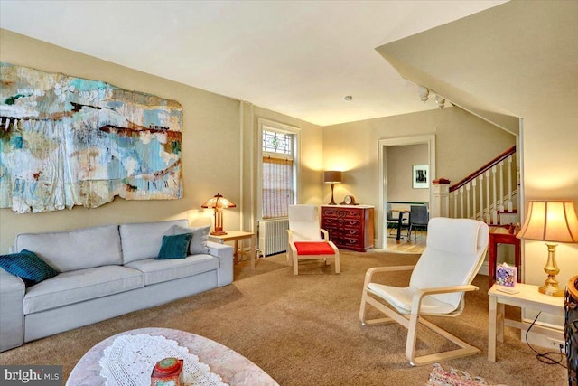 living room with radiator heating unit and carpet flooring