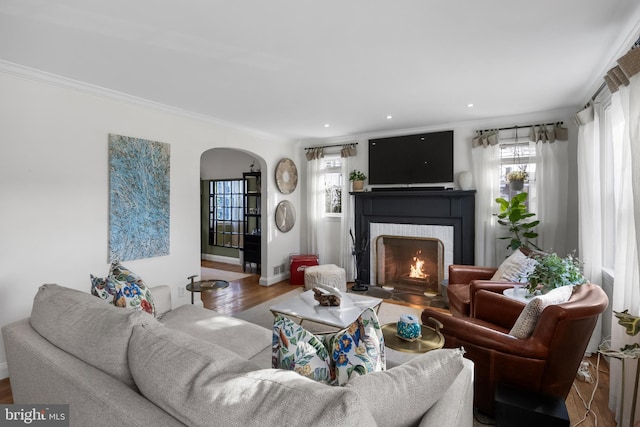 living room with ornamental molding and hardwood / wood-style floors