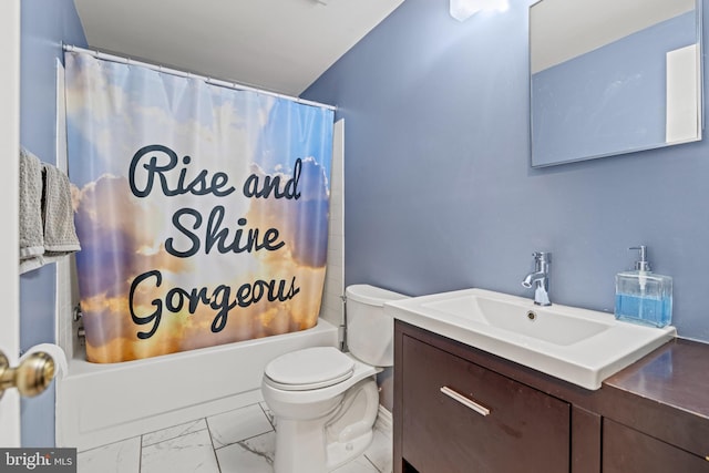 full bathroom with vanity, shower / tub combo with curtain, and toilet