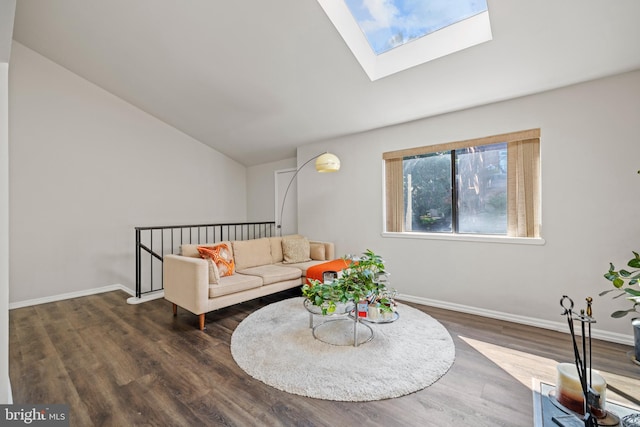 living room with vaulted ceiling with skylight and dark hardwood / wood-style flooring