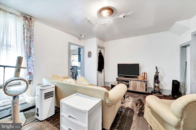 living room featuring a baseboard radiator, plenty of natural light, and vaulted ceiling