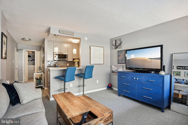 carpeted living room with a textured ceiling