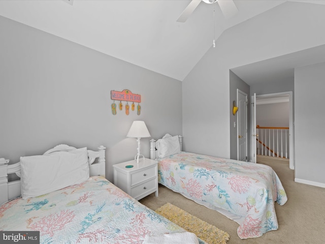 bedroom with lofted ceiling, carpet floors, and ceiling fan