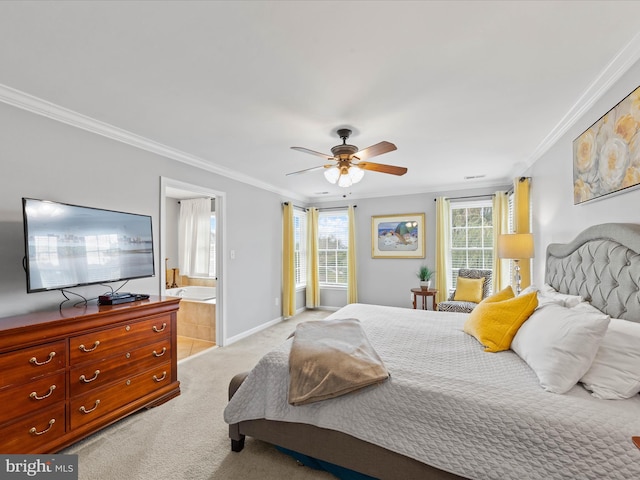 carpeted bedroom featuring ceiling fan, ornamental molding, and connected bathroom