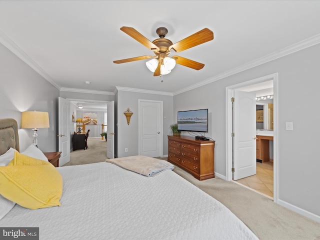 carpeted bedroom with ornamental molding and ceiling fan