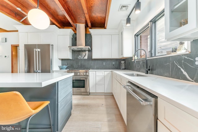 kitchen with wall chimney exhaust hood, high quality appliances, decorative light fixtures, and white cabinets