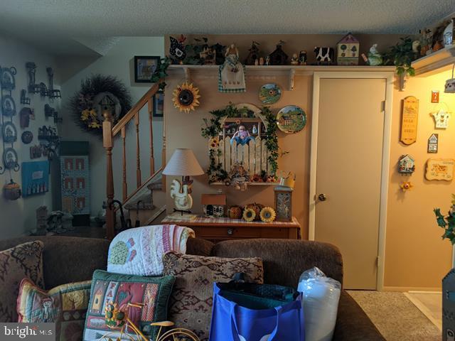 carpeted living room featuring a textured ceiling