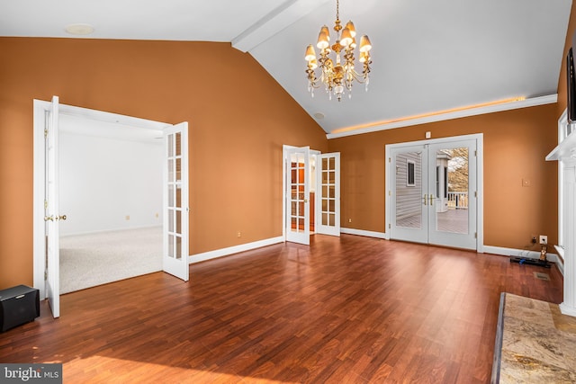 unfurnished living room featuring french doors, wood-type flooring, a chandelier, high vaulted ceiling, and beamed ceiling