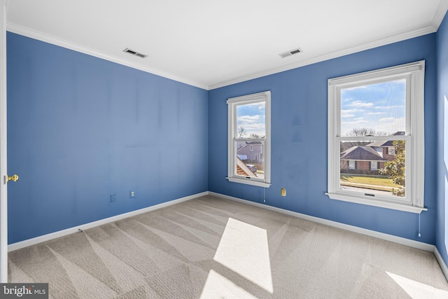 spare room featuring crown molding and light colored carpet