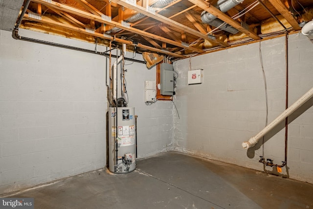 basement with electric panel and gas water heater