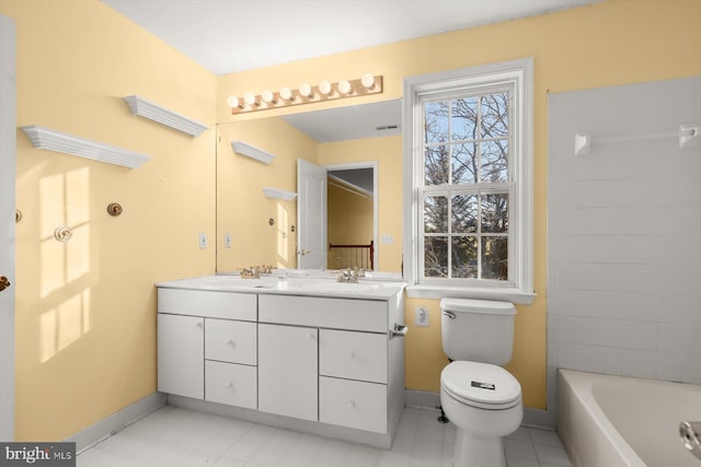 bathroom featuring vanity, toilet, tile patterned flooring, and a washtub