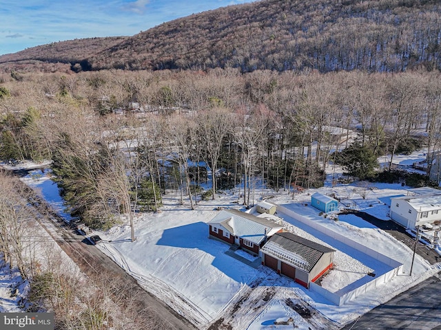 snowy aerial view featuring a mountain view