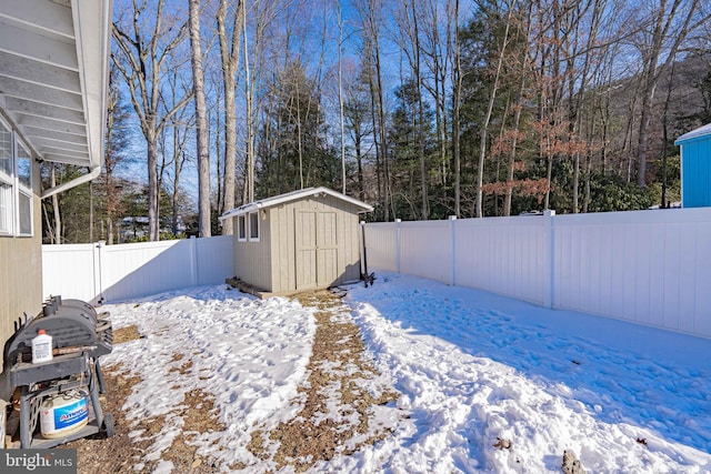 yard covered in snow featuring a storage unit