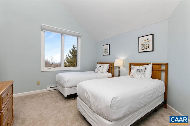 bedroom featuring lofted ceiling, a baseboard heating unit, and light carpet