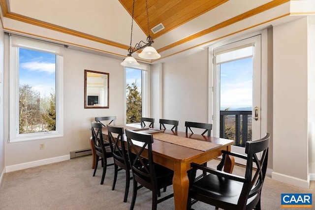 carpeted dining space featuring vaulted ceiling, crown molding, wooden ceiling, and baseboard heating