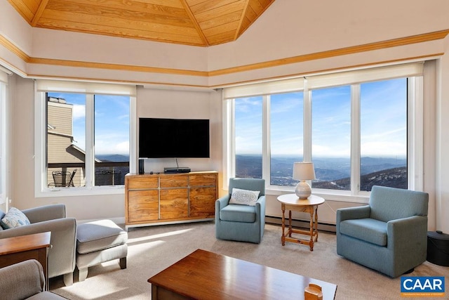 carpeted living room with high vaulted ceiling, a baseboard radiator, and wooden ceiling