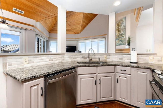 kitchen with tasteful backsplash, lofted ceiling, sink, stainless steel appliances, and wooden ceiling