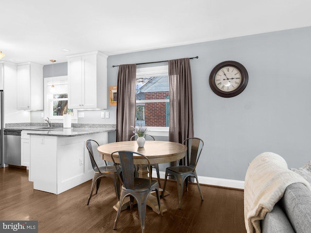 dining space with dark wood-type flooring and sink