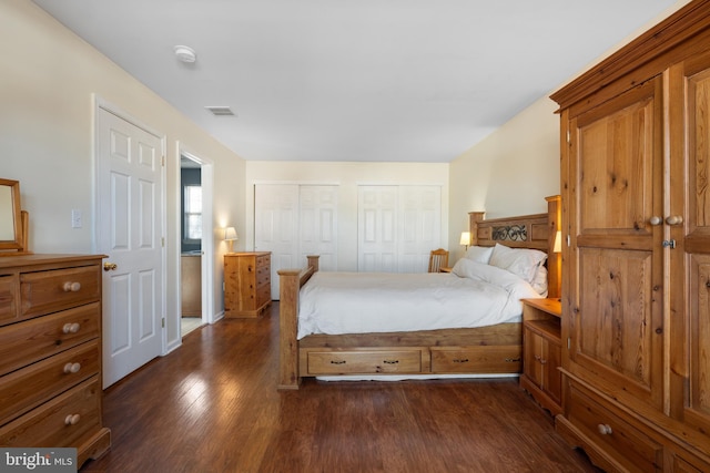 bedroom with multiple closets and dark hardwood / wood-style floors