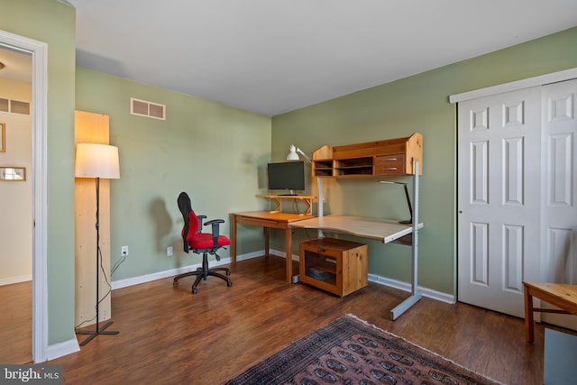 office space with dark hardwood / wood-style flooring