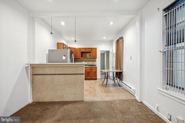 kitchen featuring stainless steel fridge, beamed ceiling, light colored carpet, decorative backsplash, and a baseboard heating unit