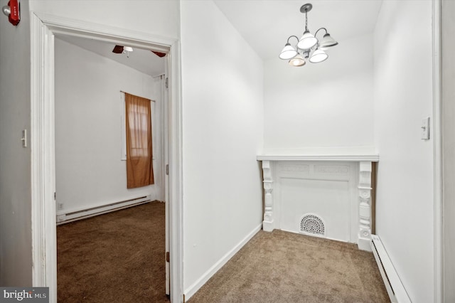 interior space with a baseboard radiator, light carpet, and a notable chandelier