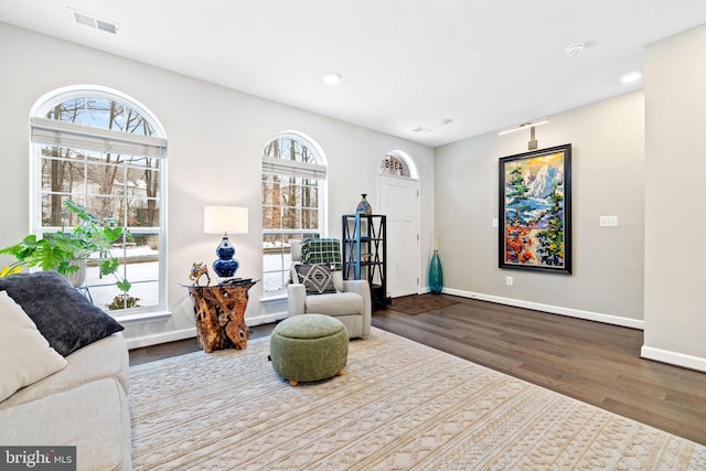 sitting room with hardwood / wood-style flooring and plenty of natural light