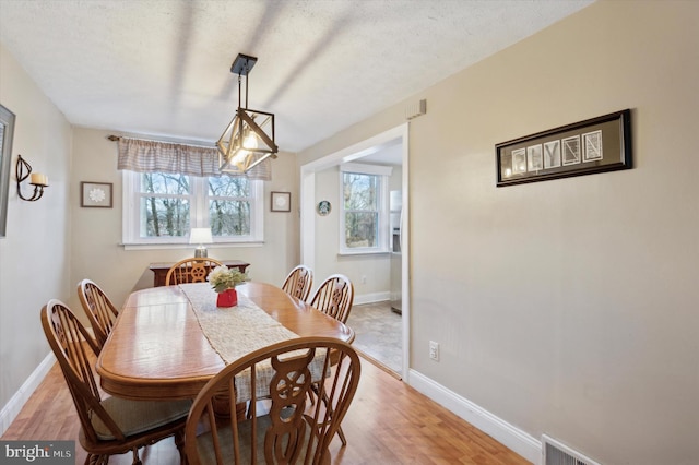 dining area featuring hardwood / wood-style flooring and a textured ceiling