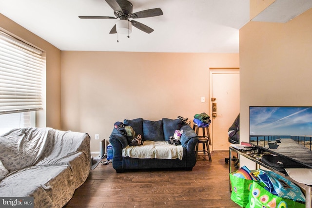 living room featuring ceiling fan and dark hardwood / wood-style flooring