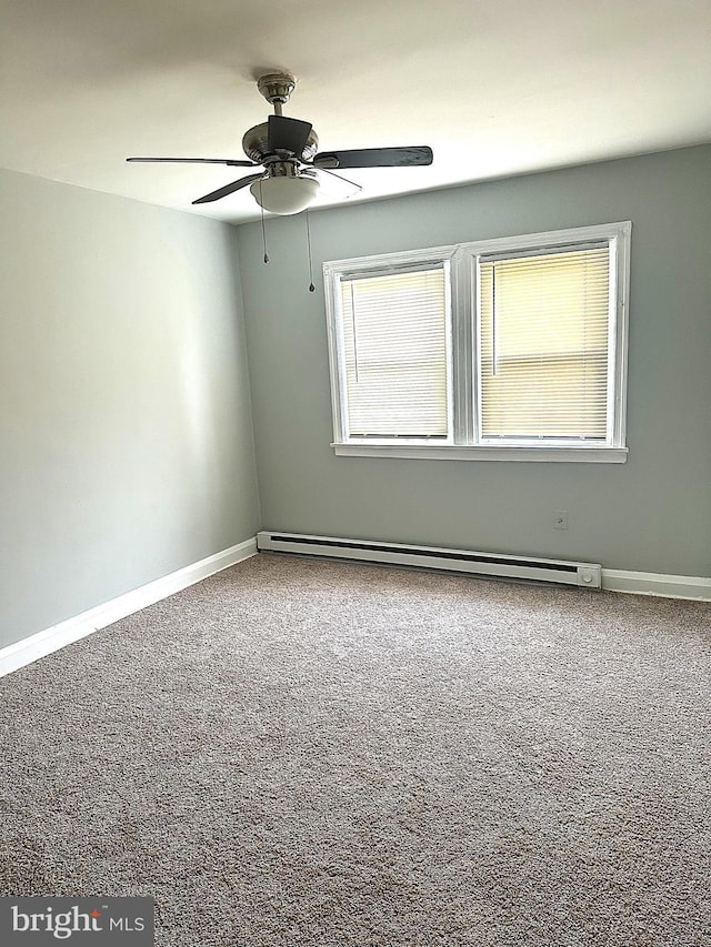 carpeted spare room featuring ceiling fan and baseboard heating